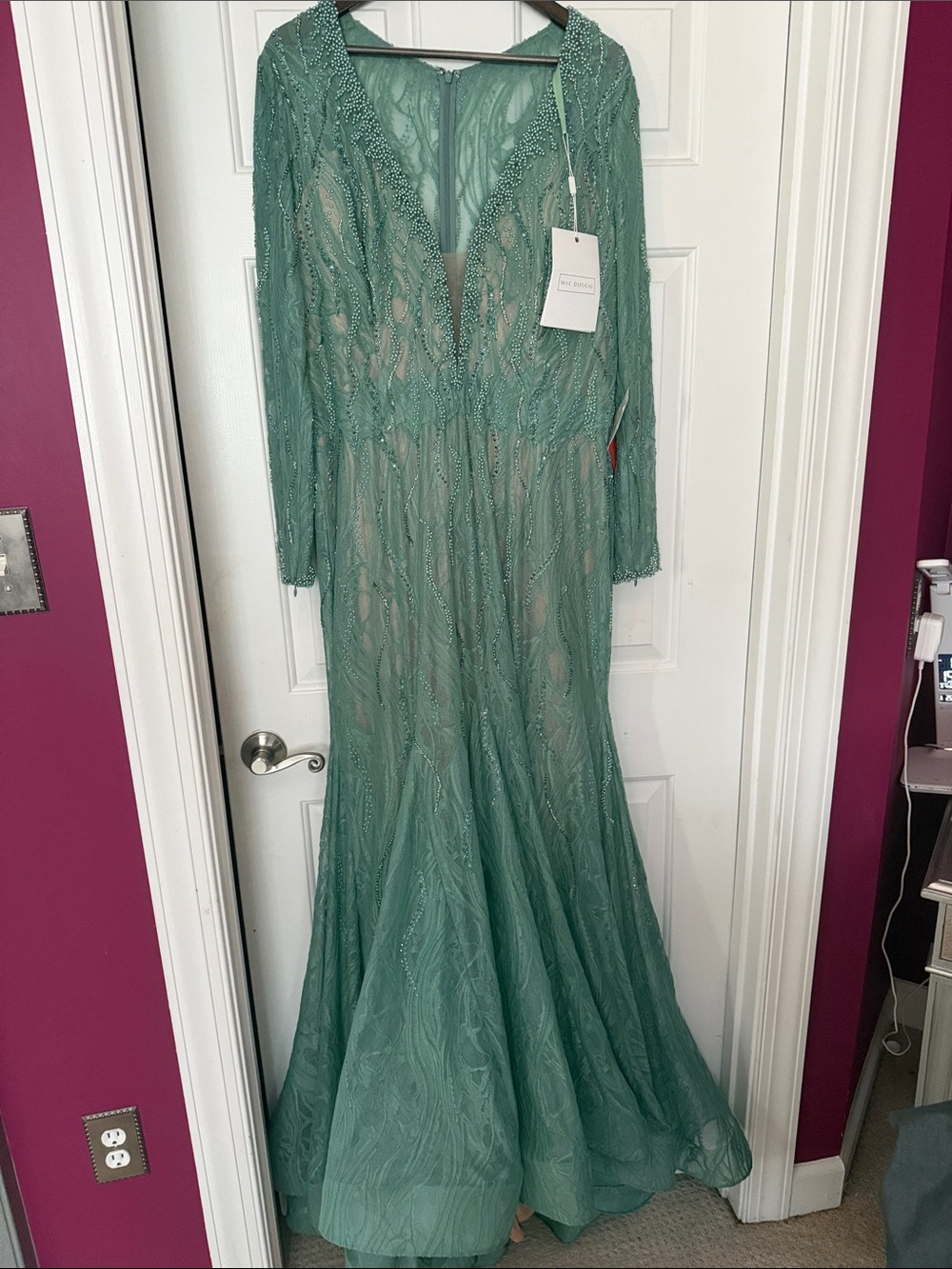 Mac Duggal Seafoam Beaded Long-Sleeve V-Neck Gown